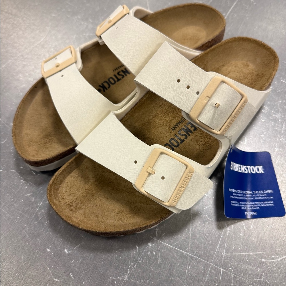 Birkenstock Arizona White Sandals with Pale Gold Buckles